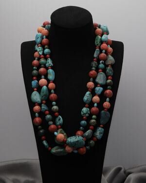 DTR Sterling Silver 3 Strand Turquoise & Coral Necklace 165.62G / (19-22in)